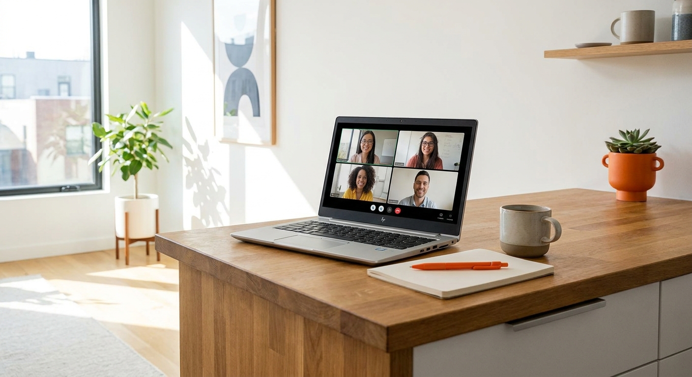 A realistic scene of a home office with a laptop on a kitchen table, a notebook, and a coffee mug, showing a video call in progress, bright natural light, modern decor. Alt: home‑based network marketing mentorship session