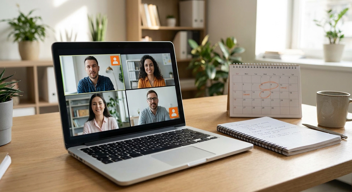 A realistic illustration of a small group video call on a laptop screen, participants’ faces in a grid, notes and a calendar visible on the side, bright office setting. Alt: structured weekly mentorship session