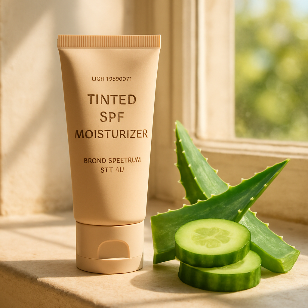 A close‑up of a lightweight tinted SPF moisturizer tube on a sunny windowsill, with a splash of fresh aloe and cucumber beside it. Alt: affordable organic face moisturizer with SPF protection