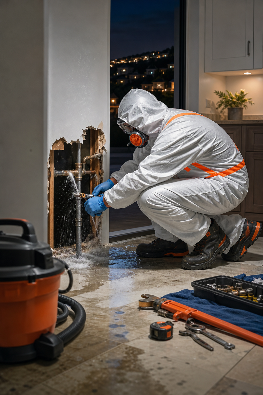 A realistic scene of a plumber in full protective gear working on a burst pipe at night, orange and blue safety accents, clean residential interior, Coto de Caza setting. Alt: emergency plumbing repair in Coto de Caza
