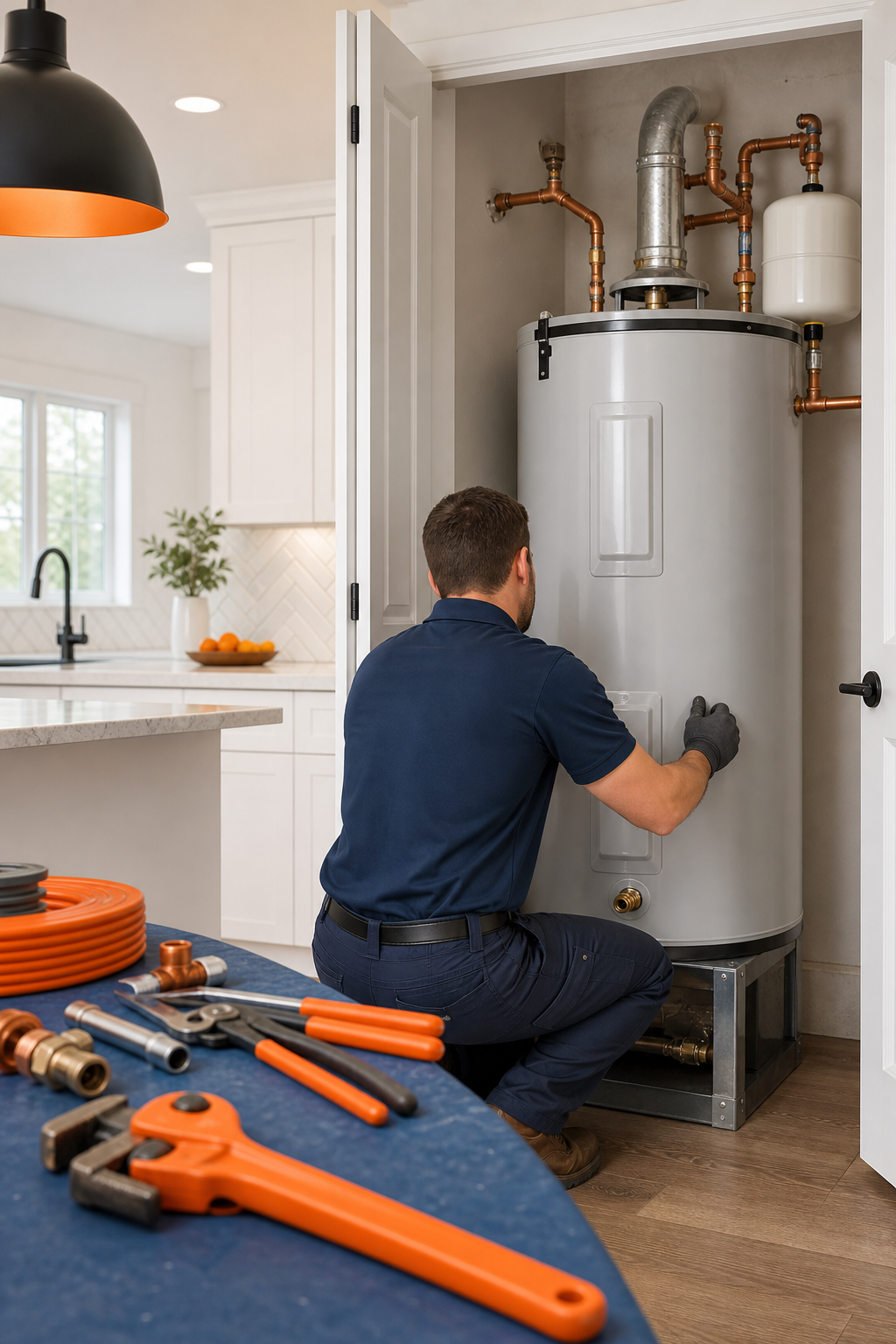 A realistic illustration of a plumber installing a new water heater in a modern kitchen, orange tools on a blue workbench, clear focus on the appliance. Alt: affordable water heater installation in Coto de Caza
