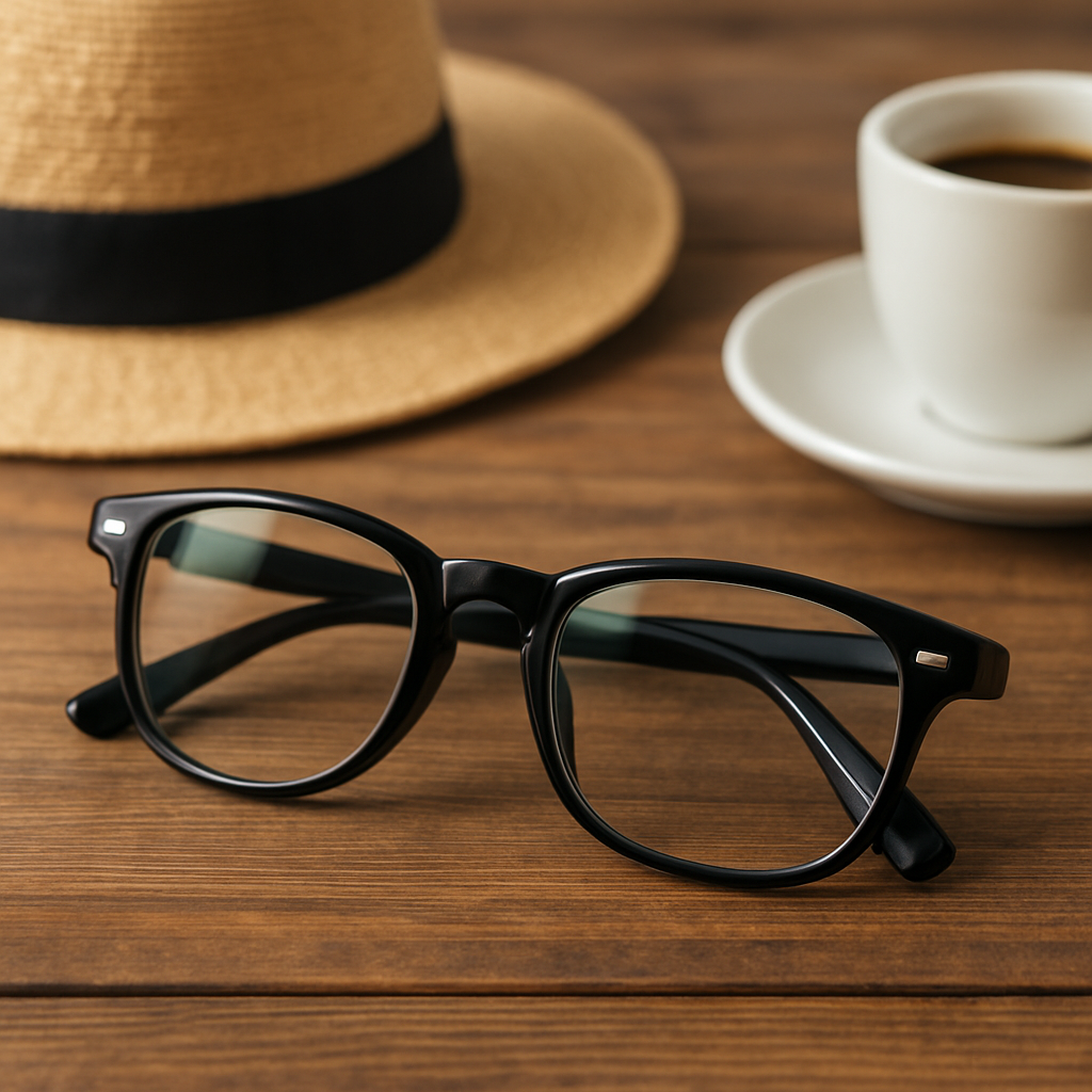 A close‑up of a stylish wayfarer prescription sunglasses set on a wooden table with a summer hat and coffee cup nearby. Alt: Classic affordable prescription sunglasses online, wayfarer style, budget-friendly eyewear.