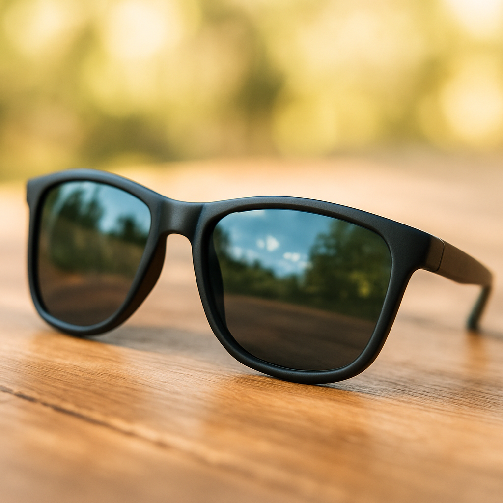 A close‑up of a pair of budget polarized sunglasses on a wooden table, showing the reflective surface of the lenses and a soft summer light background. Alt: Affordable polarized prescription sunglasses under $50 on a sunny day.