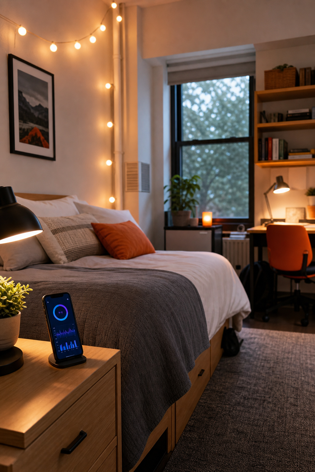 A modern dorm room with a neatly made bed and a smartphone displaying sleep data on the nightstand. The room has string lights and a desk. Alt: Dorm room with smart bed and sleep tracking app