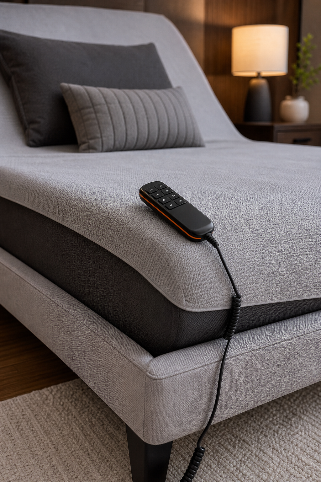 A close-up of a modern bed base with a remote control on the bedspread. Alt: Entry-level adjustable comfort bed remote