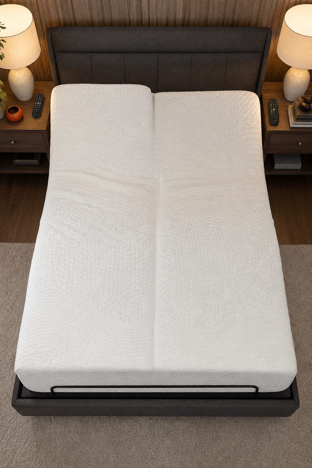 A realistic top-down view of a queen-sized bed with two remote controls on each side, showing dual adjustability. Alt: Leading budget smart bed with dual remote controls for each side.