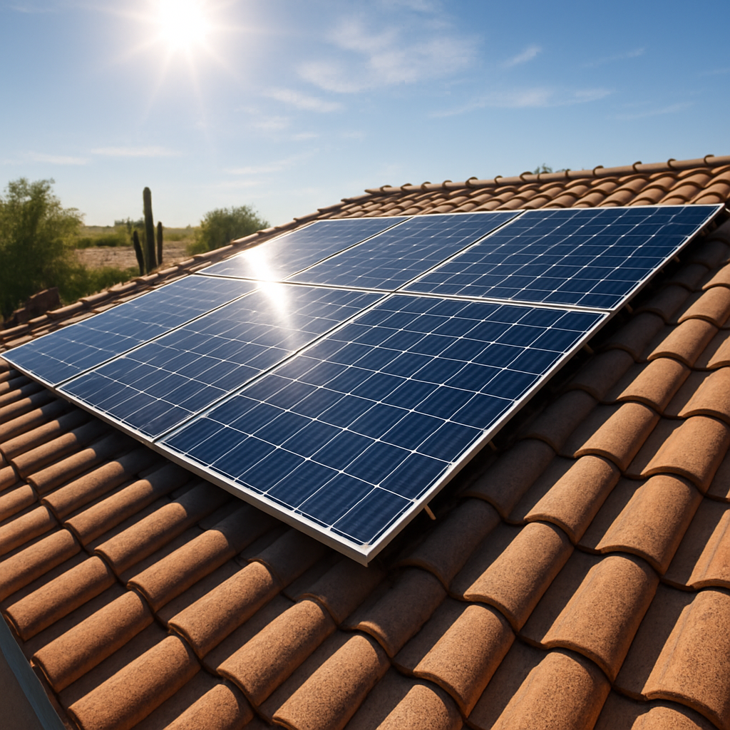 Affordable Solar Installation: 7 Budget-Friendly Ways to Power Your Home 1 A sunny Arizona rooftop with sleek, high‑efficiency solar panels installed, showing the panels from a slight angle to capture sunlight glinting off them. Alt: Affordable solar installation on a residential roof in Arizona.