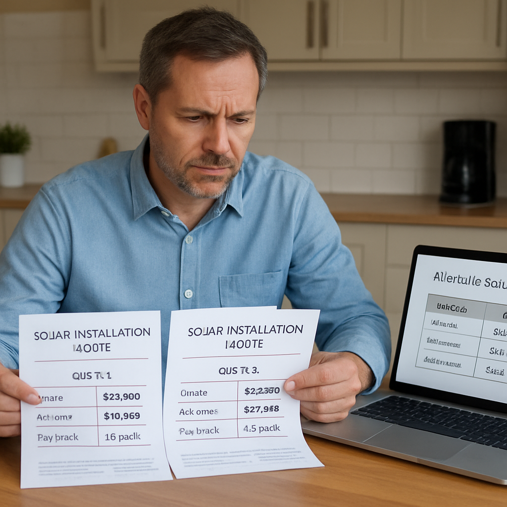 Affordable Solar Installation: 7 Budget-Friendly Ways to Power Your Home 2 A homeowner comparing three printed solar quotes at a kitchen table, with a laptop displaying a simple cost table. Alt: Affordable solar installation quote comparison table