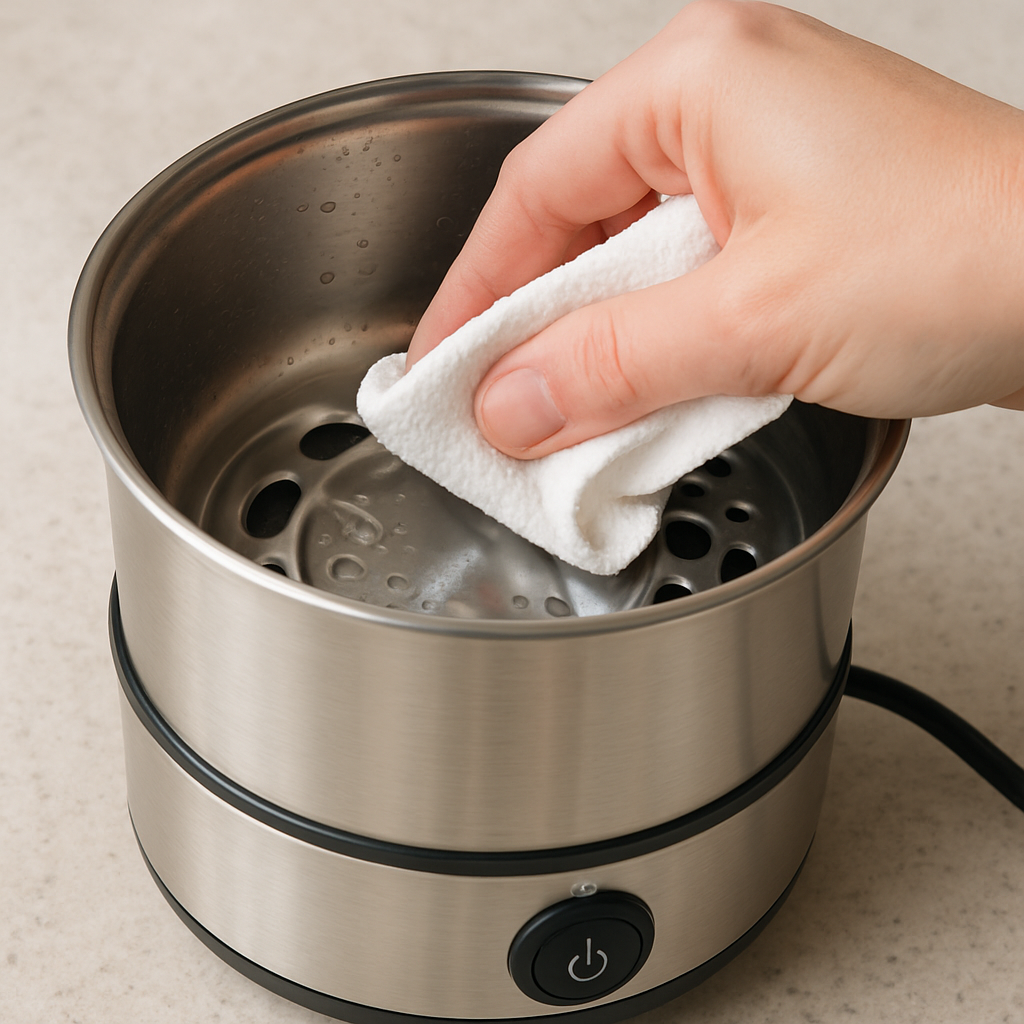 A close‑up of a stainless steel egg cooker being cleaned, showing a hand wiping the interior. Alt: affordable stainless steel electric egg cooker maintenance