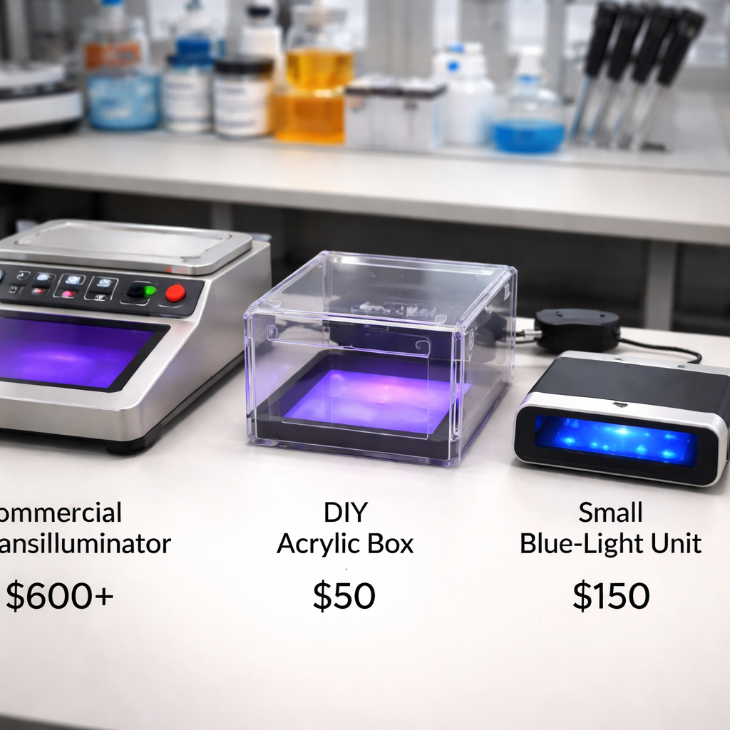 A realistic side‑by‑side comparison of a commercial UV transilluminator, a DIY acrylic box, and a small LED blue‑light unit on a lab bench. Alt: Comparison of budget UV transilluminator options with size and price labels.