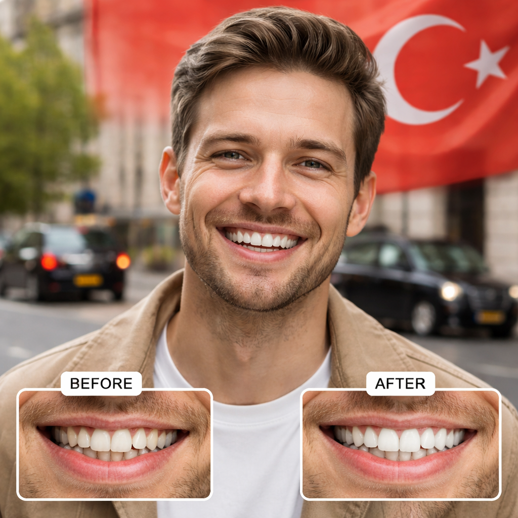 A realistic photo of a happy patient showing before‑and‑after veneer results, with a subtle Turkish flag background. Alt: patient smiles after affordable veneers Turkey treatment.