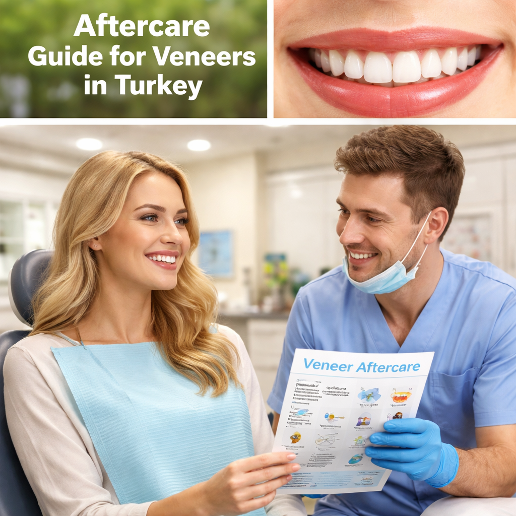 A realistic illustration of a patient receiving after‑care instructions from a dentist, with a close‑up of a smile showing well‑maintained veneers. Alt: aftercare guide for veneers in Turkey.