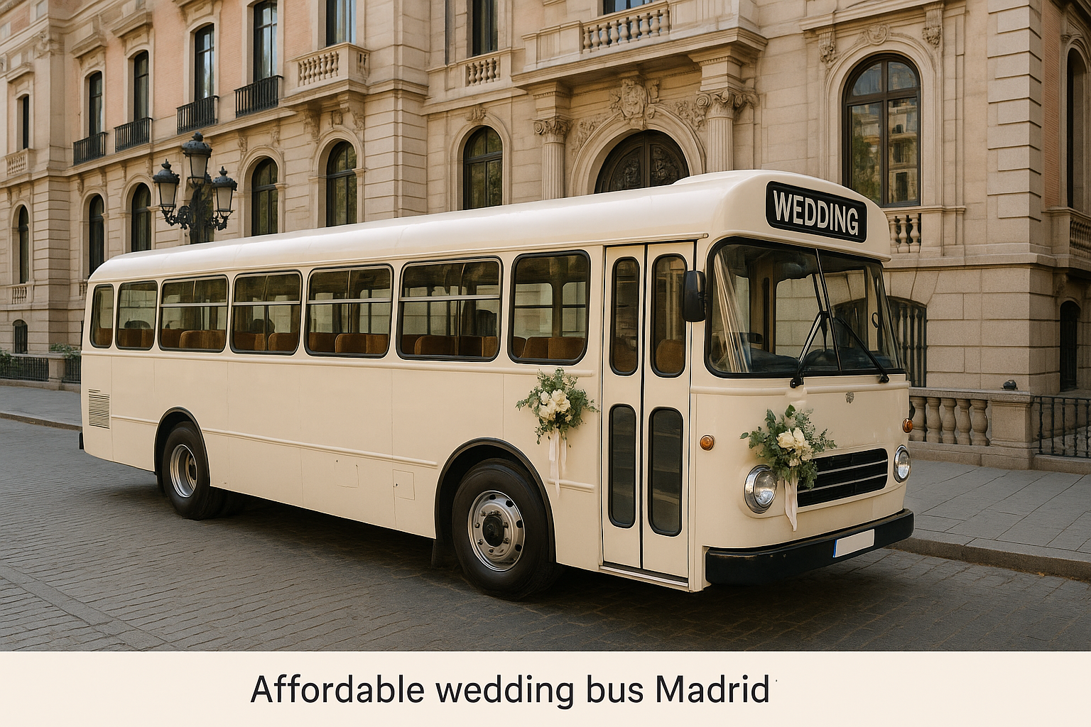 A stylish wedding bus parked outside a historic Madrid venue. Alt: Affordable wedding bus hire Madrid with elegant wedding venue in background.