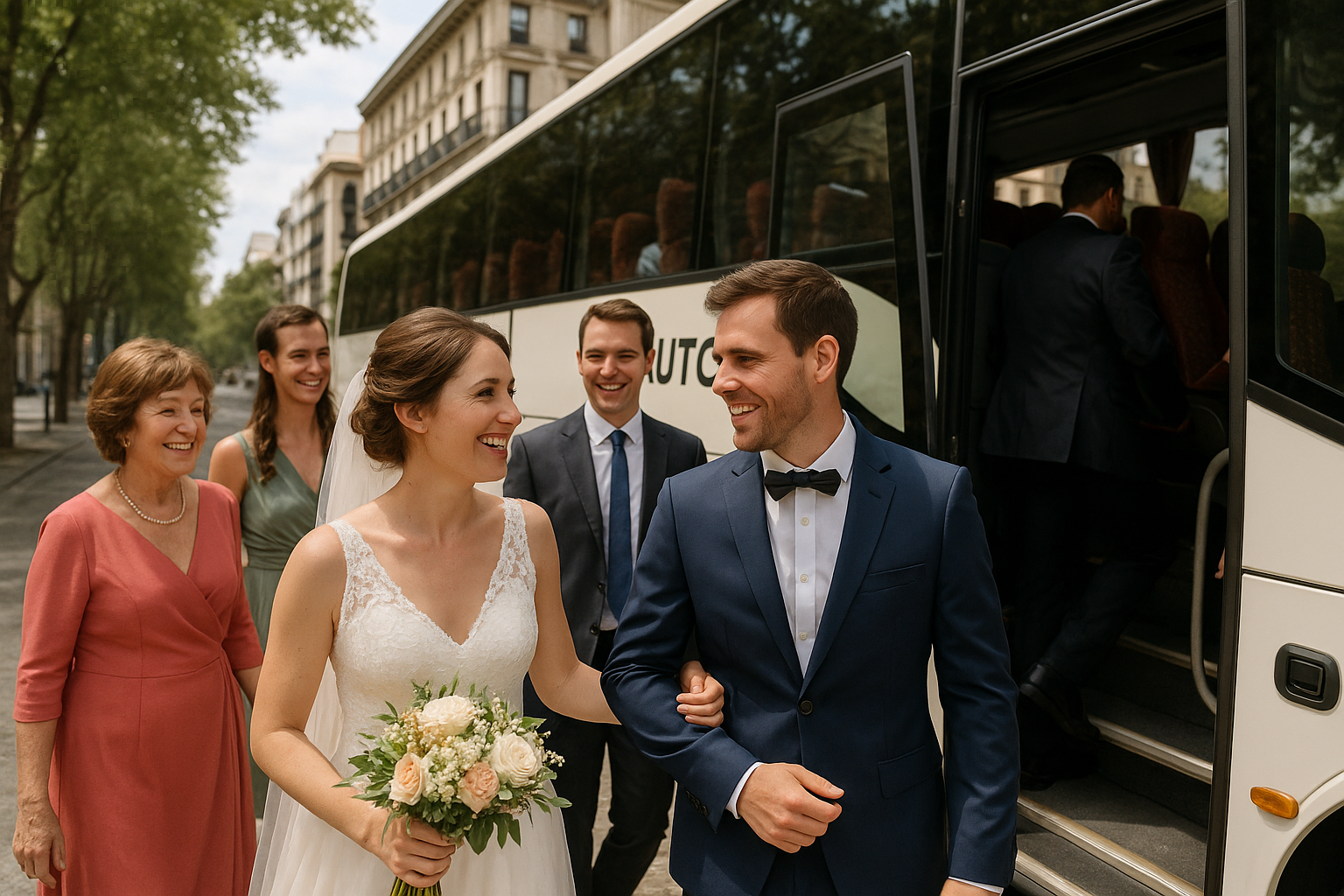 Wedding guests happily boarding a comfortable wedding bus in Madrid. Alt: Affordable wedding bus hire Madrid guests travel together happily.