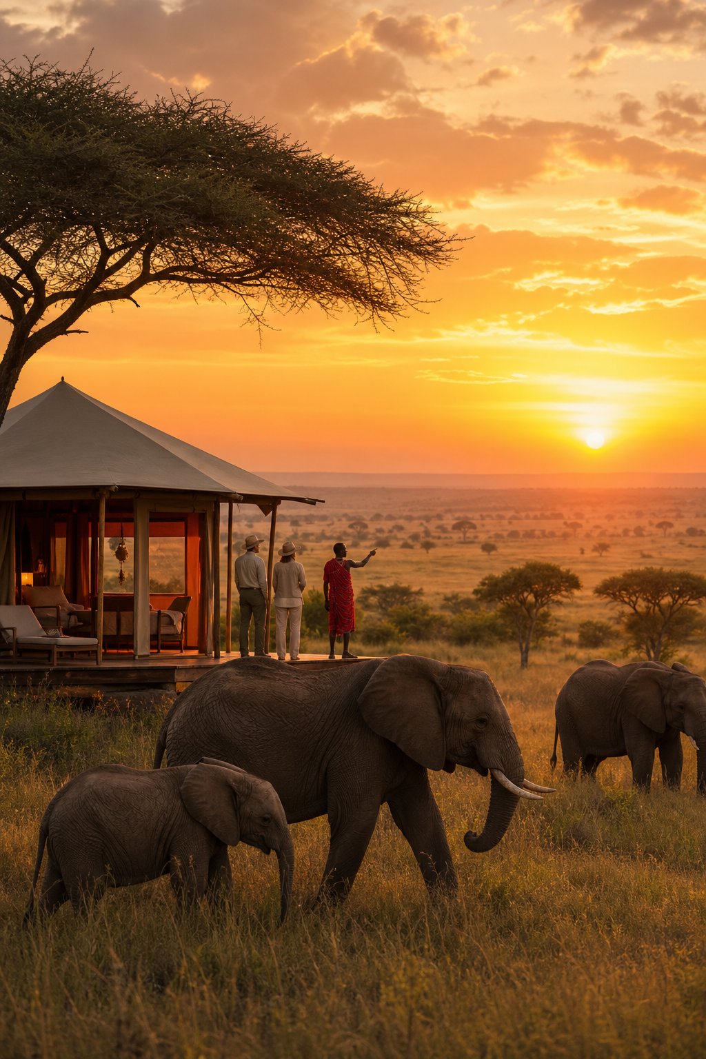 A realistic sunrise over the Maasai Mara with a luxury tented camp, elephants in the foreground, and a guide with guests. Alt: Luxury Kenya safari camp in Maasai Mara