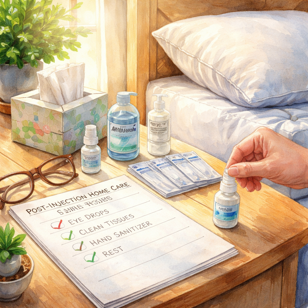 A watercolor scene showing a patient preparing eye drop supplies on a tidy bedside table, with a soft pillow and sunglasses nearby, set in a sunny Australian home. Alt: After intravitreal injection home care checklist watercolor.