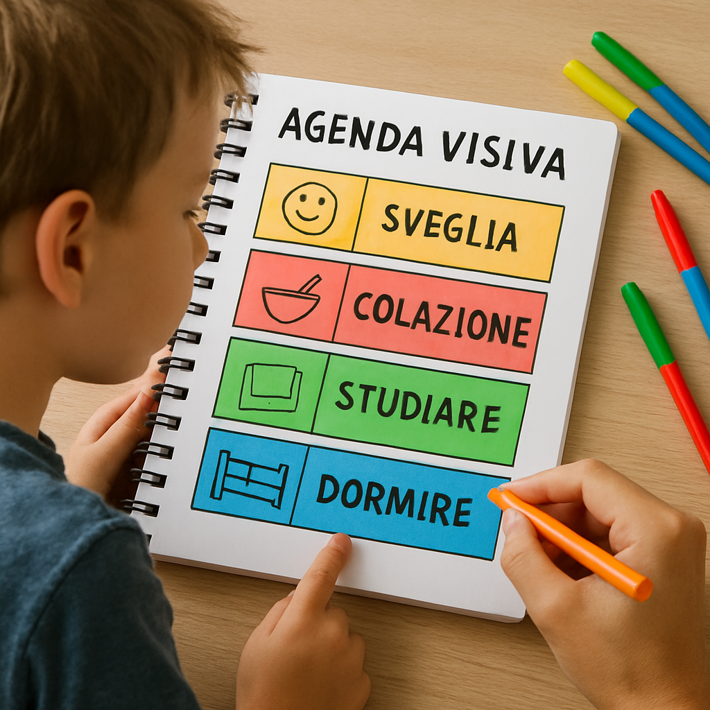 Un bambino che spunta una casella colorata su una agenda visiva, con pennarelli, icone e una mano che indica la casella completata. Alt: agenda visiva per bambini con ADHD, schema colorato per organizzare la giornata.