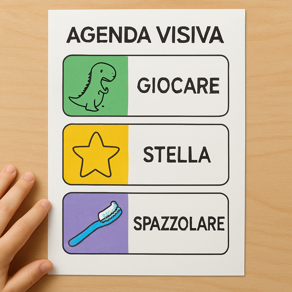 A child-friendly visual schedule on a sheet of paper, showing colored blocks (green, yellow, violet) with simple icons like a dinosaur, star, and toothbrush. Alt: agenda visiva con colori e simboli per bambini con ADHD