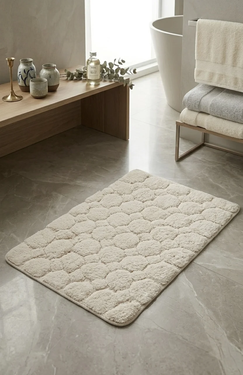 Cream tufted cotton bath mat with a raised cobblestone pattern on a grey tiled bathroom floor