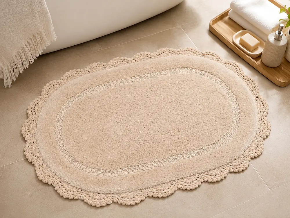 Oval beige cotton bath rug with a hand-crocheted scalloped border beside a bathtub