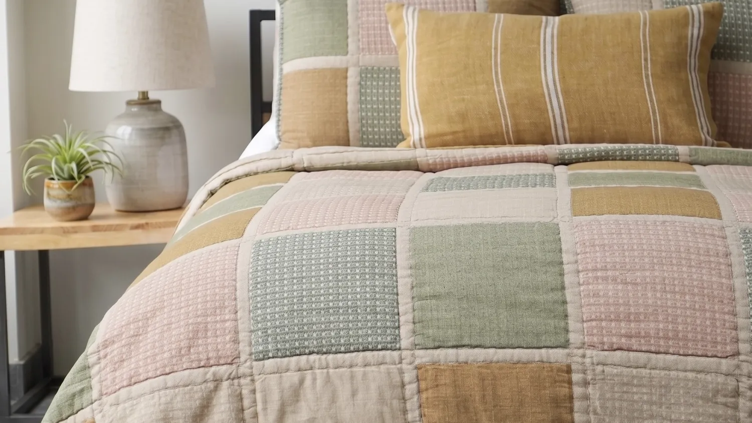 Patchwork quilt in blush pink, sage green, mustard and natural linen squares on a bed with a mustard striped sham, beside a lamp and an air plant