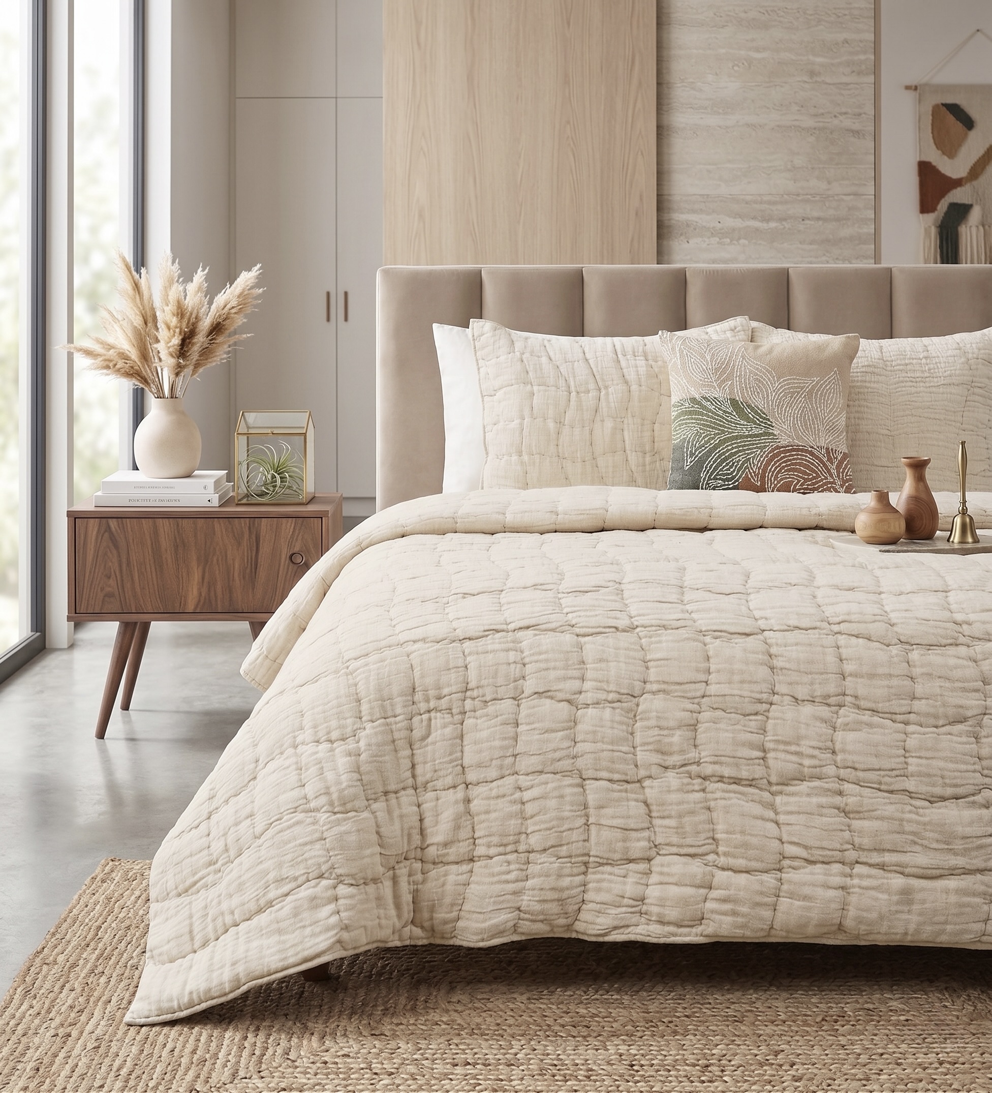 Natural oatmeal crinkled organic cotton quilt with square box quilting on a bed with quilted shams and an embroidered leaf cushion