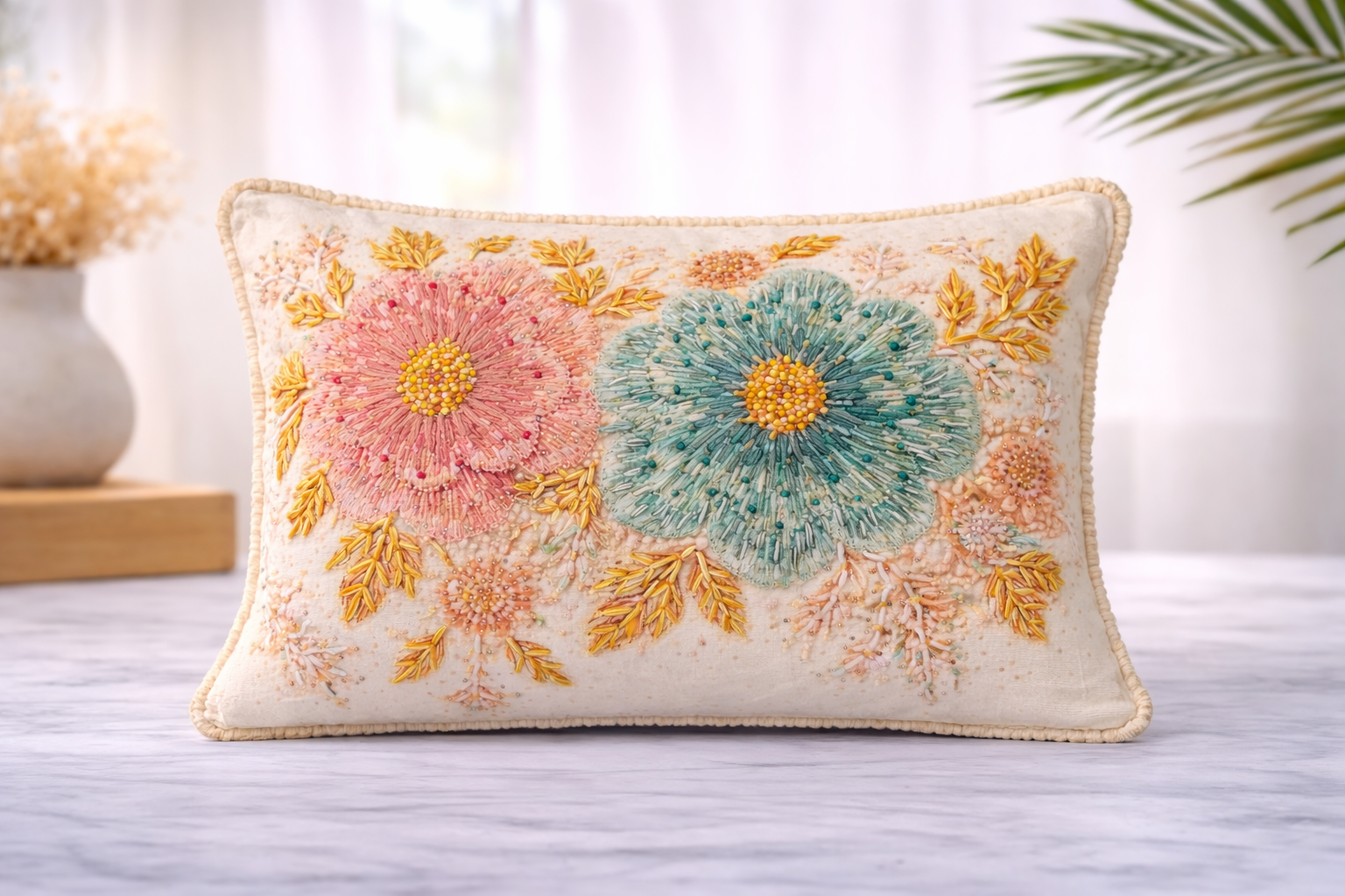 Ivory lumbar pillow cover with raised hand embroidery of a blush pink and a teal chrysanthemum among gold leaf sprays, with a corded edge, on a marble table