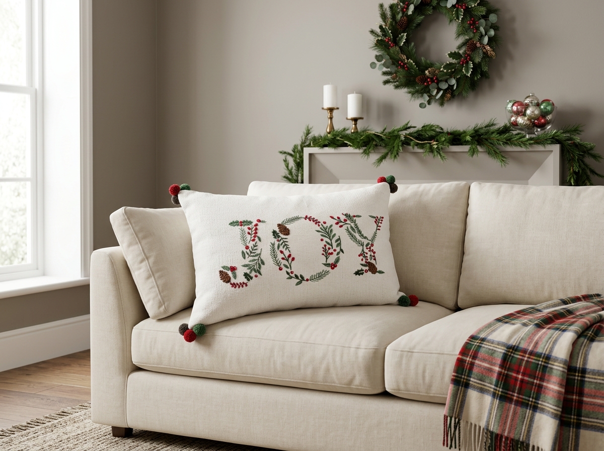 White lumbar pillow cover with the word JOY embroidered in holly and pine sprigs and red and green pom-poms at the corners, on a cream sofa beside a tartan throw