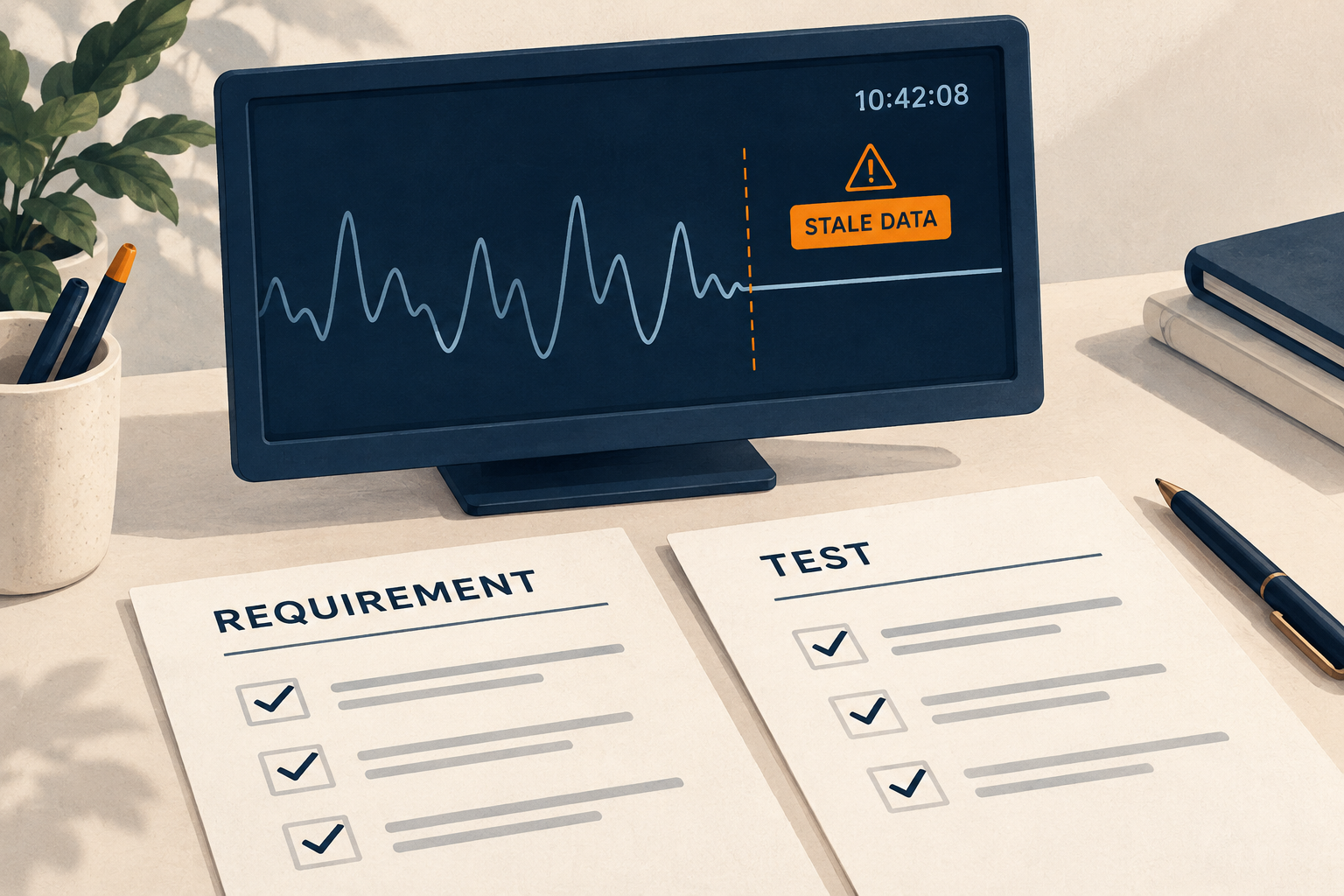 Illustration of a software test monitor showing a stale-data warning beside requirement and test records.