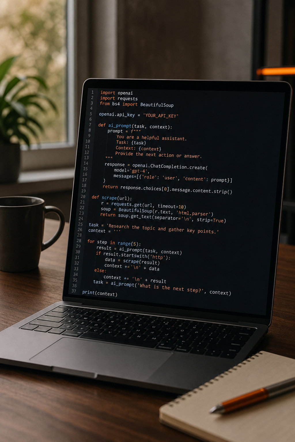 A realistic illustration of a minimalist code console showing a Python script looping with AI prompts and web scraping actions, alt=
