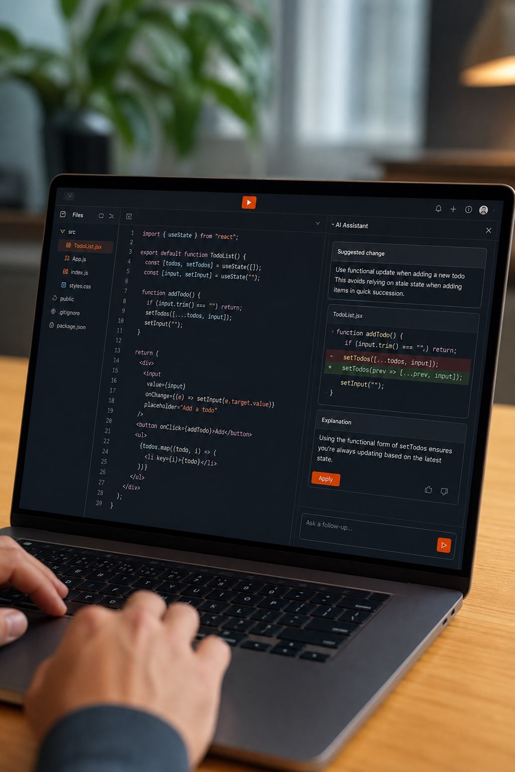 A photorealistic scene of a developer’s browser window showing Replit’s AI assistant suggesting code changes, alt=