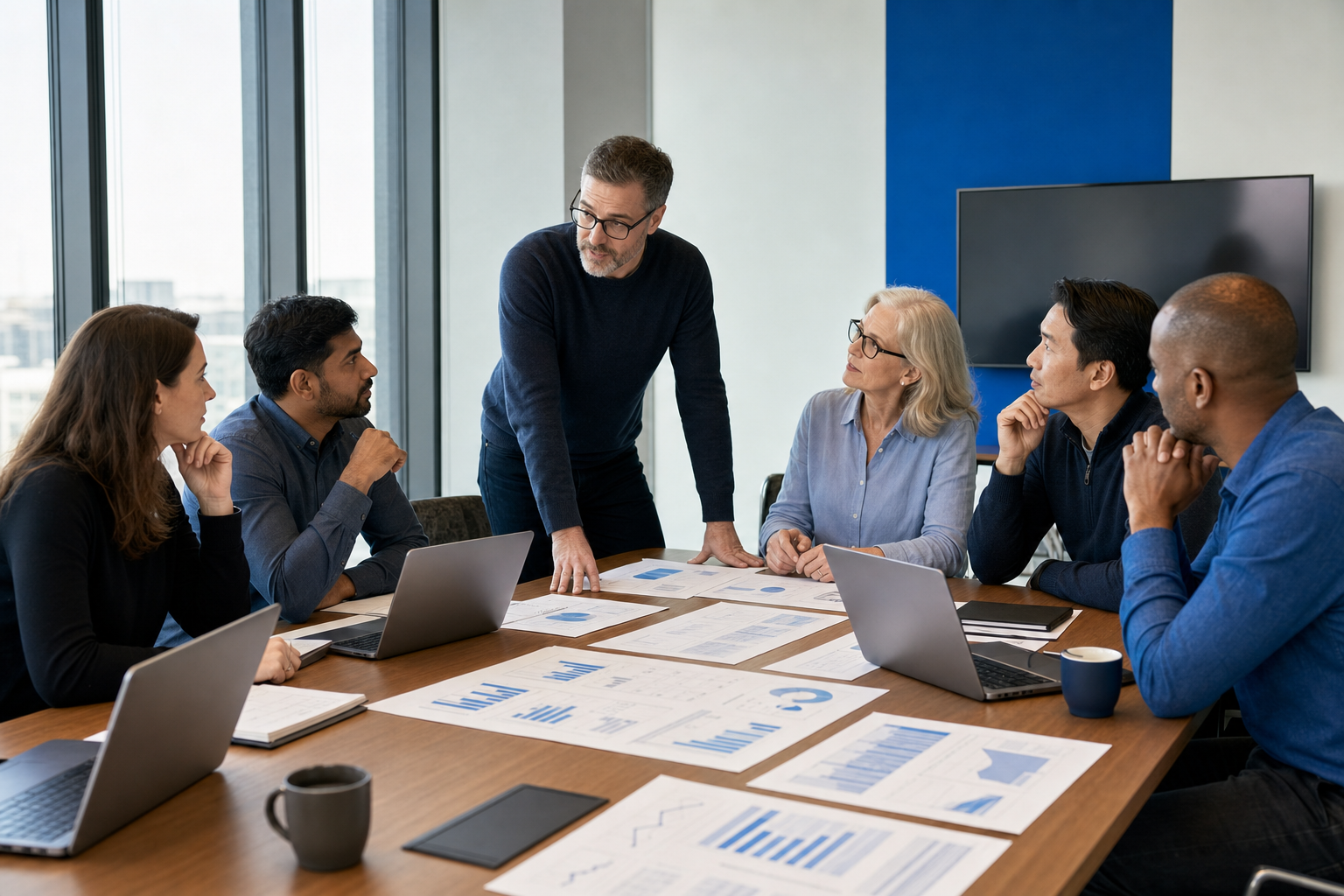 A wide-angle photo of an enterprise engineering leadership team standing around a large conference table covered with laptops and printed dashboards, engaged in discussion, natural office lighting, photorealistic style. Alt: Enterprise engineering leaders defining AI adoption metrics in a strategy meeting.
