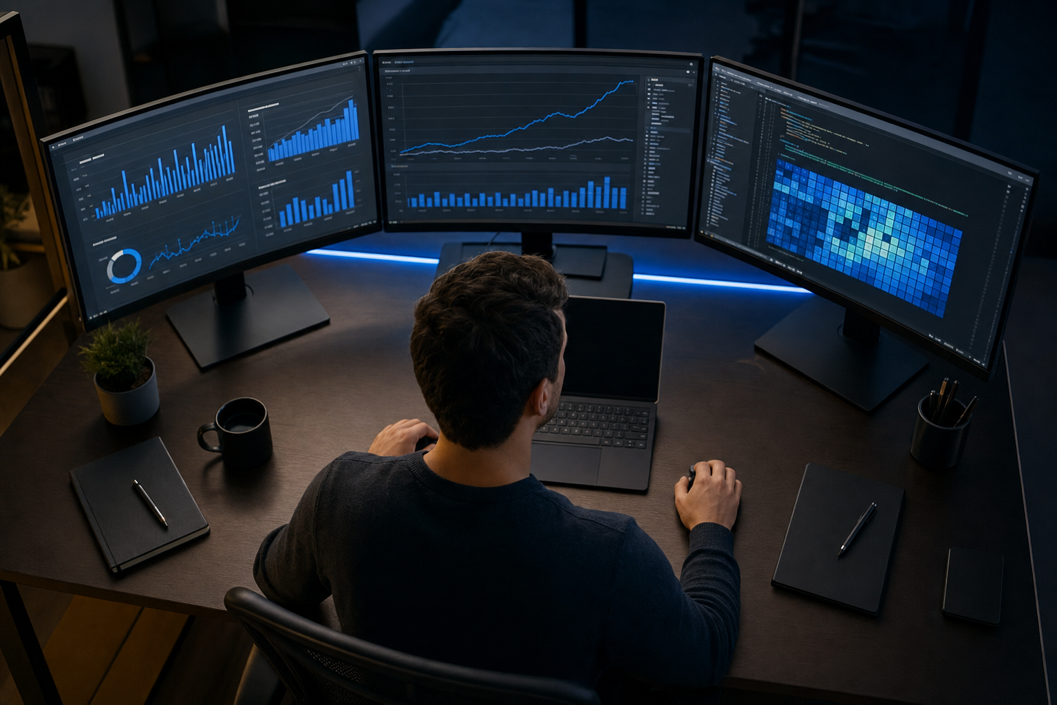 A photorealistic overhead shot of a data analyst's desk with multiple monitors displaying engineering performance charts, ROI trend graphs, and code contribution heatmaps, blue accent lighting, modern office environment. Alt: Engineering ROI dashboard showing AI adoption impact on delivery performance and business outcomes.