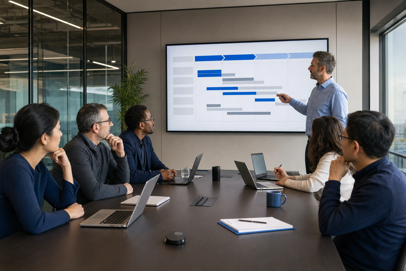 A photorealistic wide-angle view of a technology leadership meeting , a diverse group of senior engineers and executives gathered around a large conference table with laptops open, a roadmap diagram on a wall-mounted display showing phased timelines, with brand color #0065D1 as a highlight accent in the screen UI. Alt: CTO and engineering leaders planning a phased AI rollout strategy in a corporate boardroom.