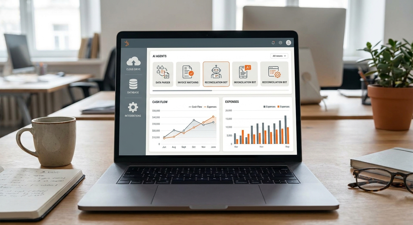 A realistic office scene showing a laptop screen with a dashboard of multiple AI agents, charts of cash flow, and a sidebar of integration icons. Alt: AI agents managing accounting tasks on a unified dashboard