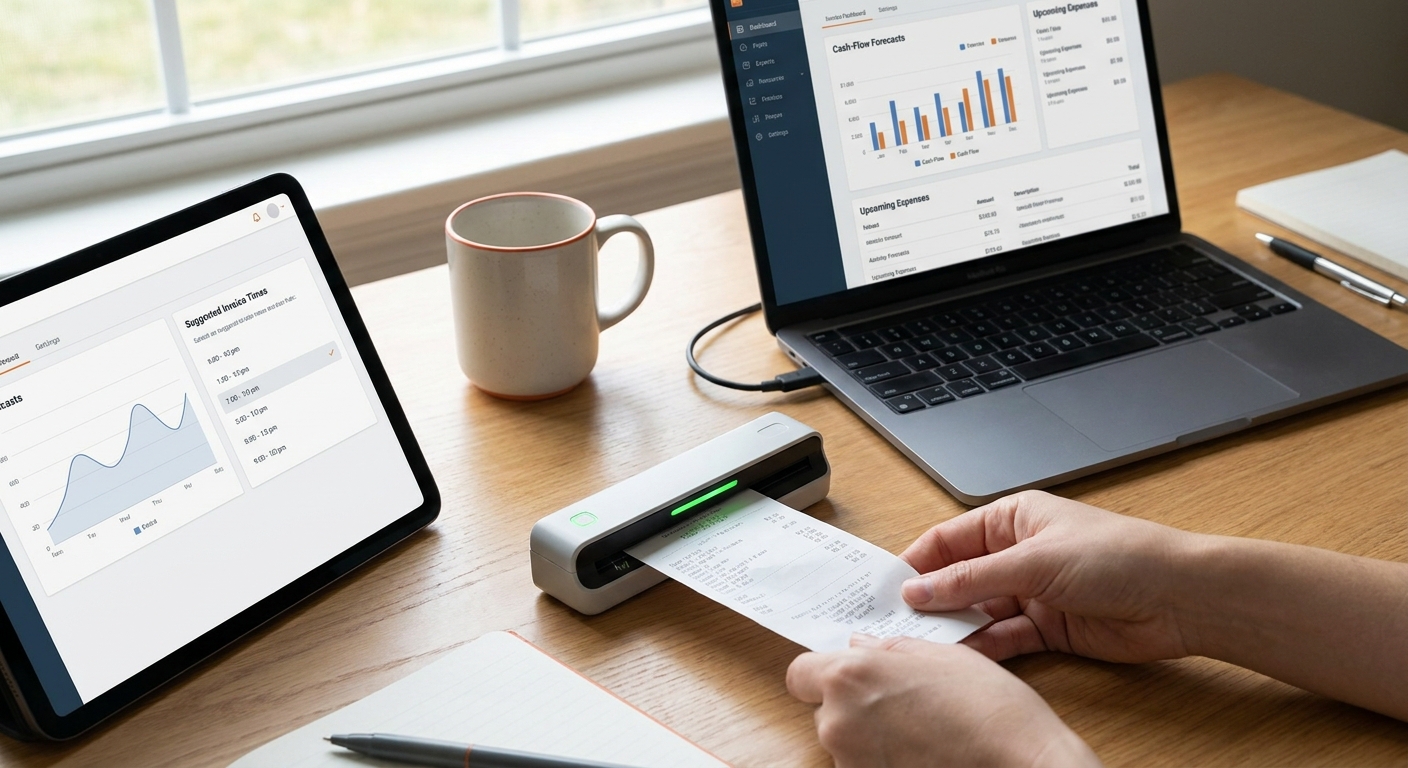 A realistic desk with a tablet showing QuickBooks AI suggesting invoice send times, a receipt being scanned, and a dashboard of cash‑flow forecasts. Alt: QuickBooks AI automating bookkeeping tasks