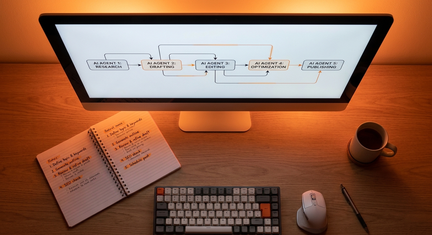 A photorealistic over-the-shoulder view of a marketer at a desk reviewing a multi-stage content pipeline diagram on a monitor, with orange accent highlights marking research, drafting, and publishing stages. Alt: end-to-end AI agent for content creation workflow from ideation to publishing.