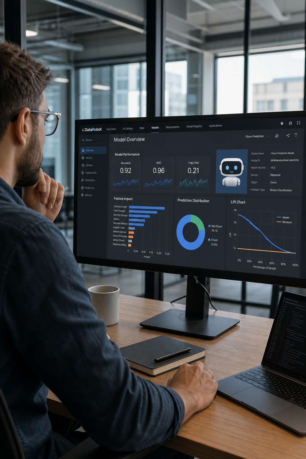 A photorealistic image of a data scientist looking at a screen showing model performance metrics, with colorful charts and a robot icon. The scene is set in a modern glass-walled office with natural light. Alt: Data scientist reviewing DataRobot model predictions dashboard.