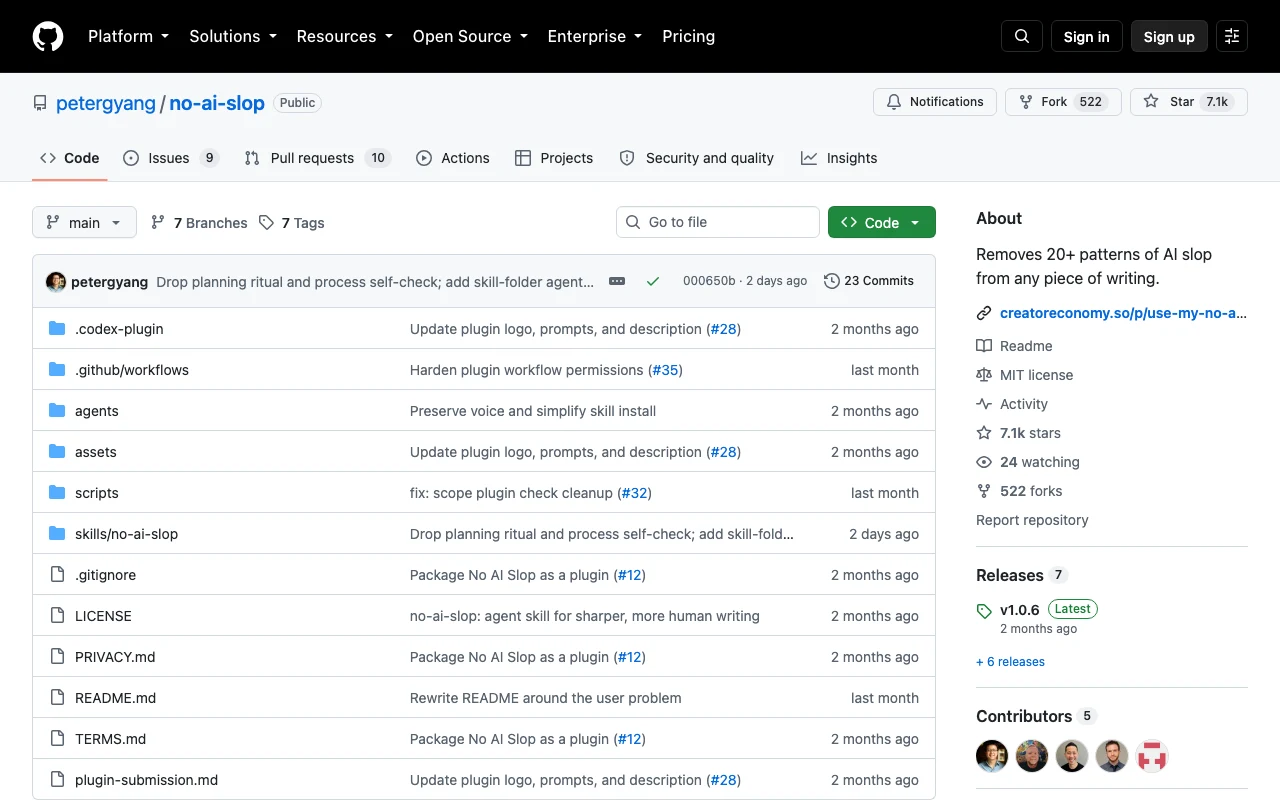 Screenshot of the petergyang/no-ai-slop GitHub repository