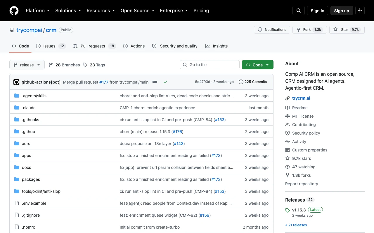 Screenshot of the trycompai/crm GitHub repository