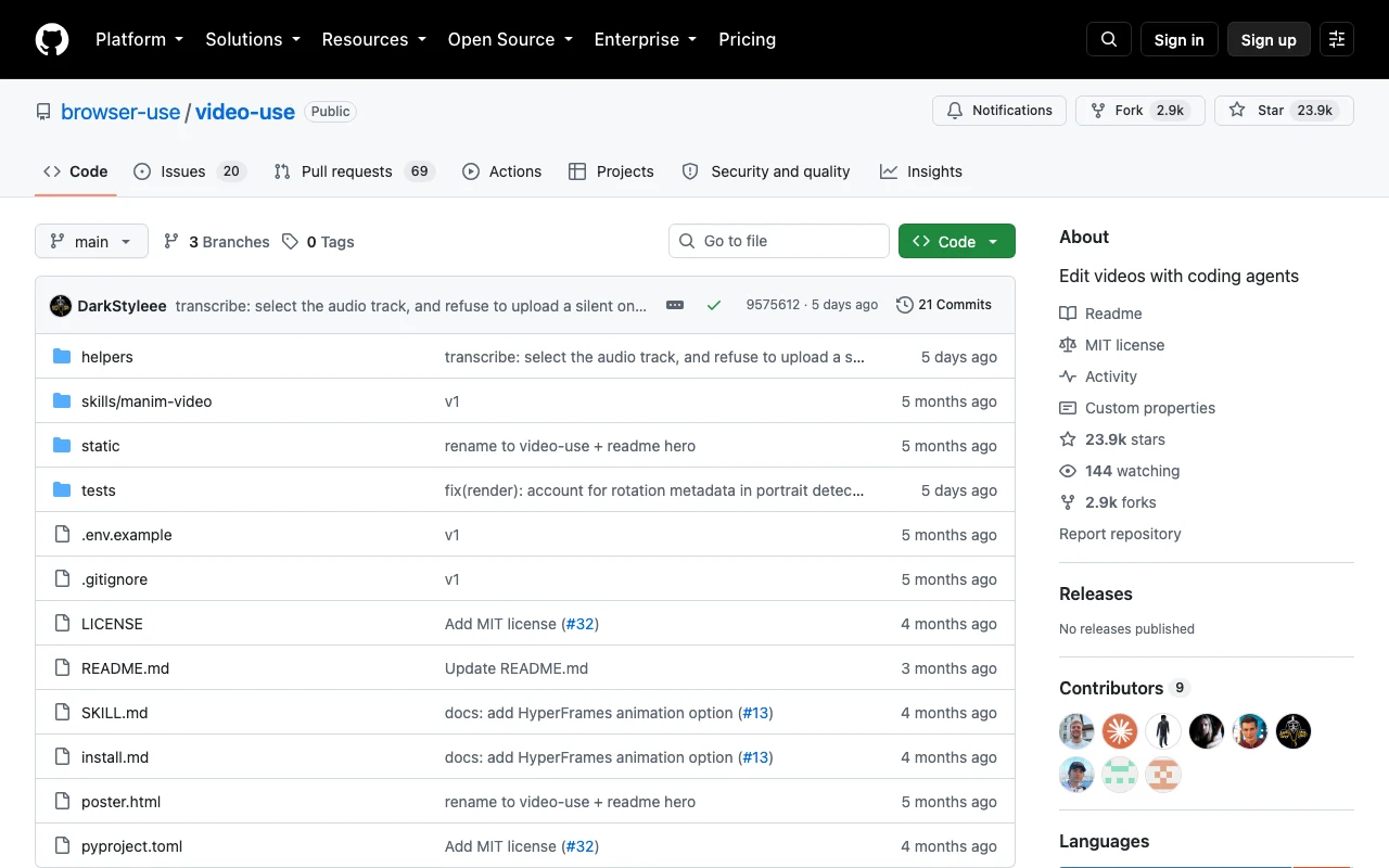 Screenshot of the browser-use/video-use GitHub repository