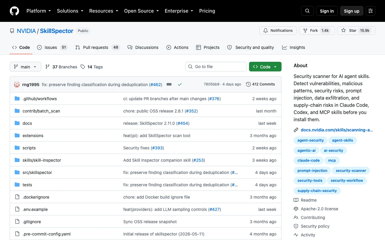 Screenshot of the NVIDIA/SkillSpector GitHub repository