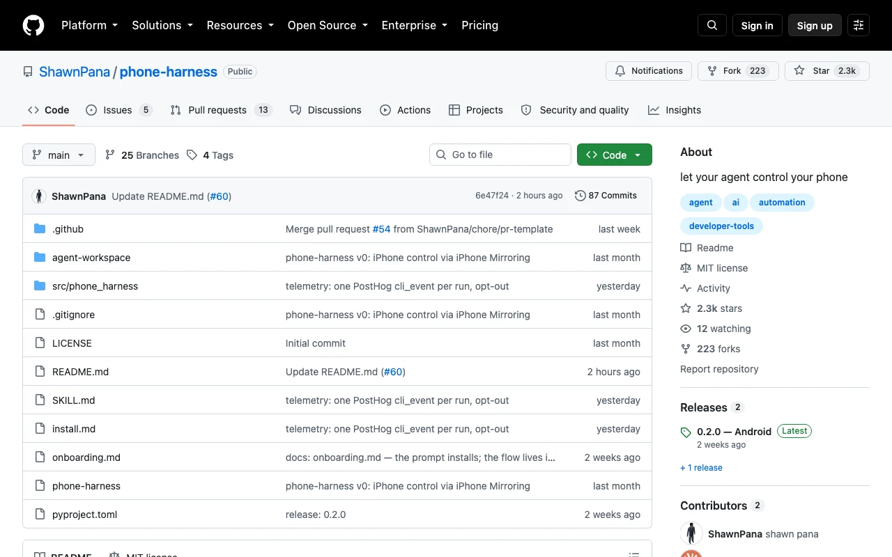 Screenshot of the ShawnPana/phone-harness GitHub repository