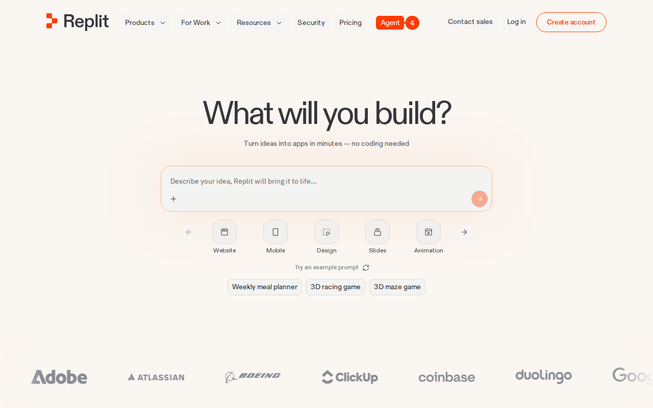 Replit AI Agents homepage screenshot