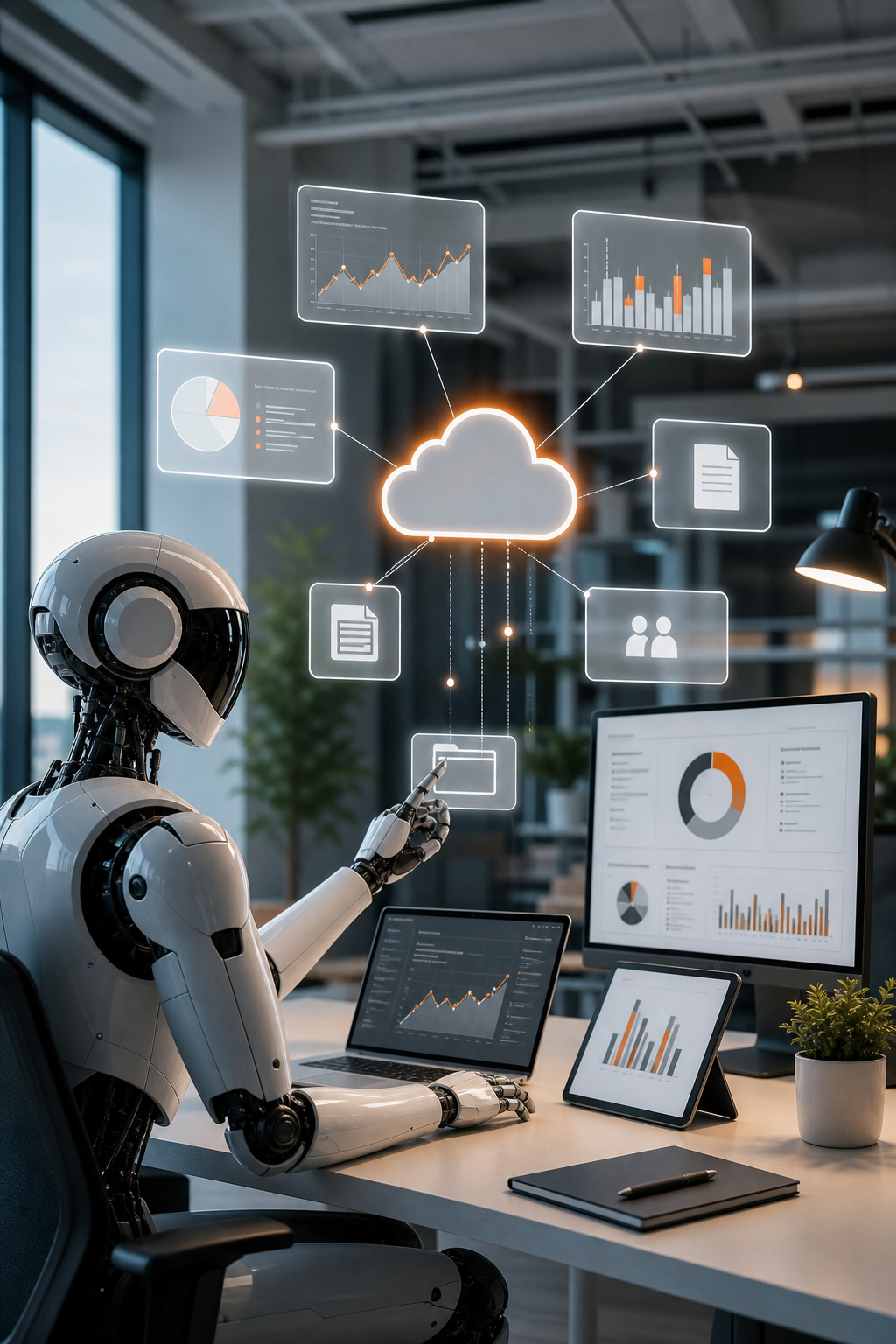 A photorealistic illustration of a digital assistant interacting with cloud services and business dashboards, showing data flow and tool integration. Alt: AI agent workflow diagram with cloud icons and business applications.