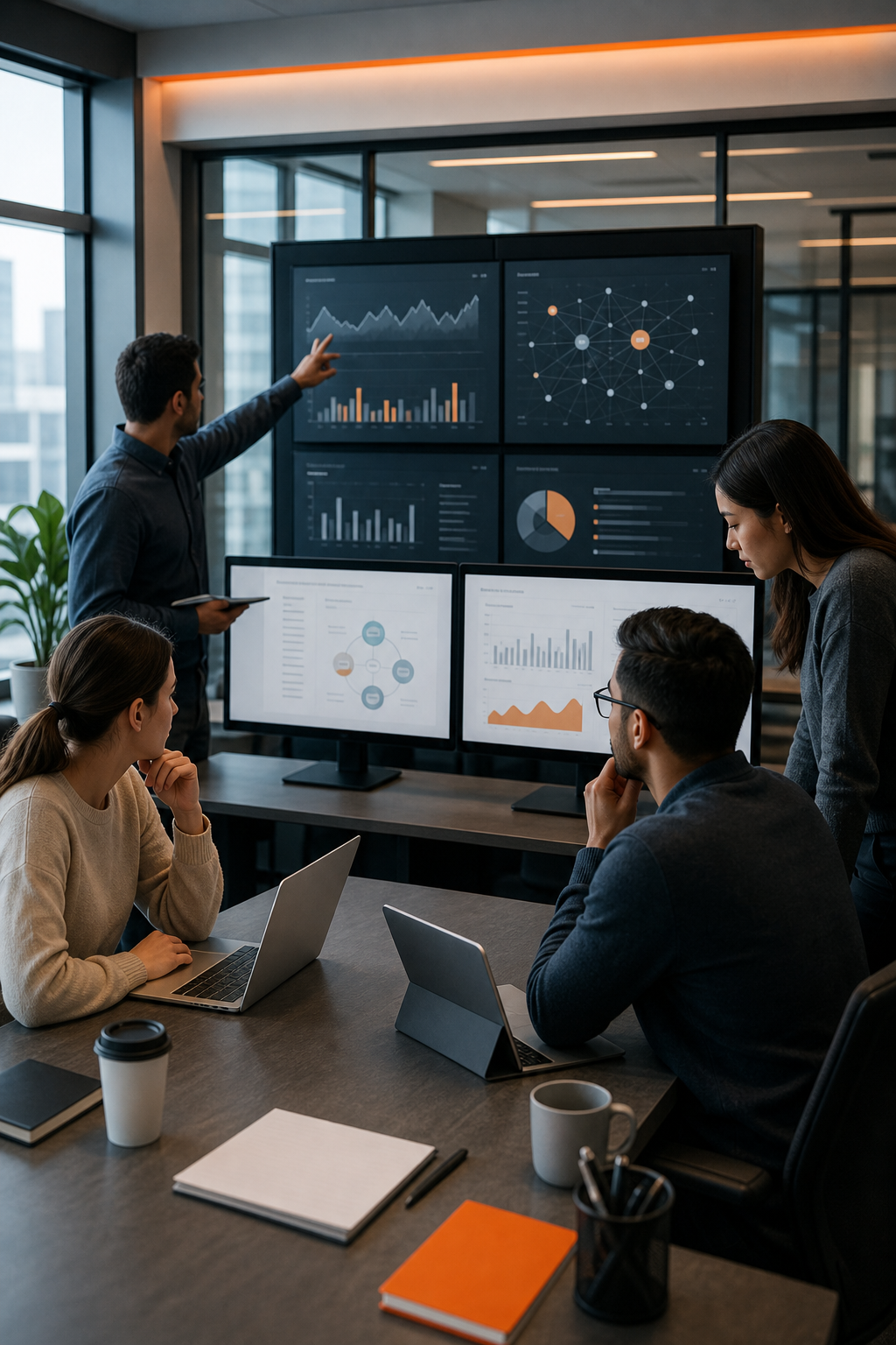 A realistic scene of a modern office where AI agents display dashboards on screens, staff reviewing automated reports, and data flowing between cloud services. Alt: Business team collaborating with AI‑generated insights on monitors.