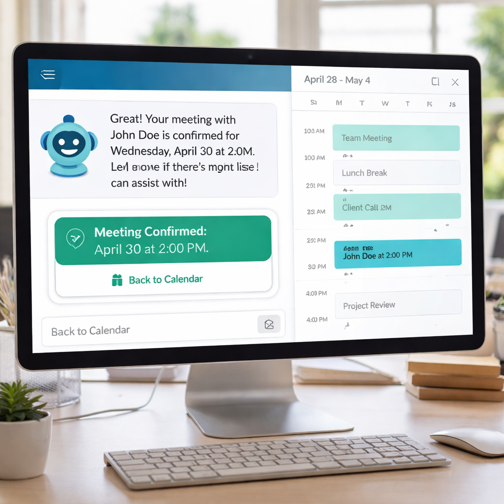 A realistic office scene showing a computer screen with an AI chat window confirming a meeting, a calendar view with booked slots, and a friendly chatbot icon. Alt: AI appointment setter workflow illustration