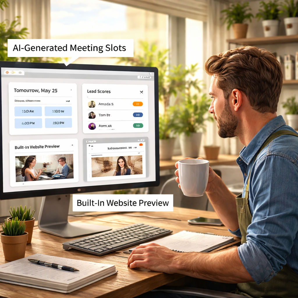 A realistic illustration of a small business owner looking at a dashboard that shows AI‑generated meeting slots, lead scores, and a built‑in website preview. Alt: Choosing AI appointment setter comparison graphic