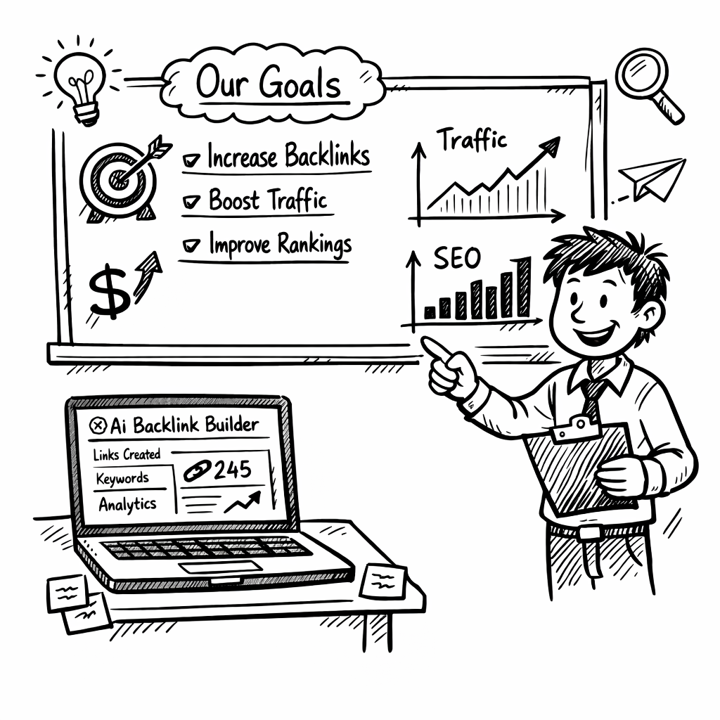 A Doodle illustration of a marketer standing in front of a whiteboard filled with goal statements, traffic graphs, and a laptop showing an AI backlink builder dashboard. Alt: Goal‑setting for AI backlink builder in a doodle style.