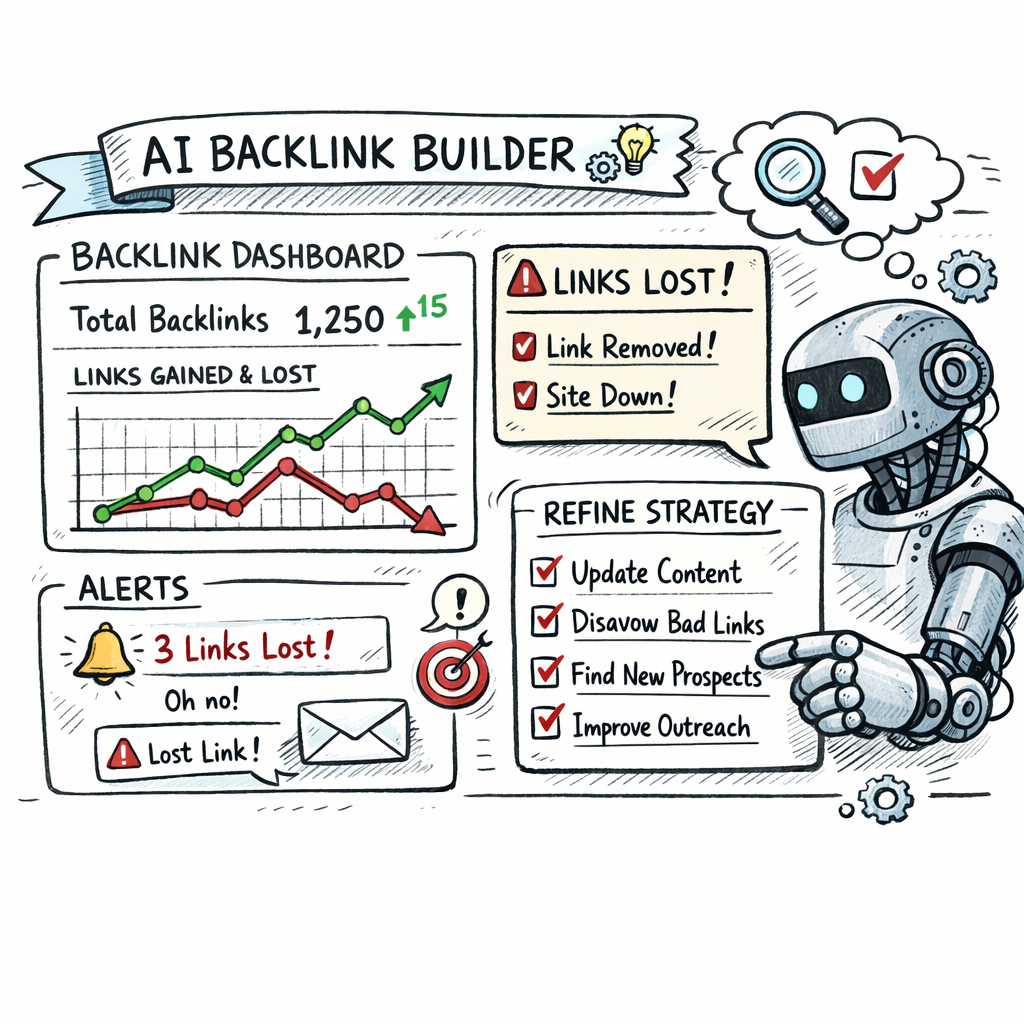 A doodle illustration of a dashboard with charts, alerts, and a robot hand labeled 
